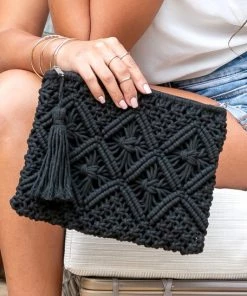 She She Boutique HANDBAGS Macrame Woven Clutch - Black