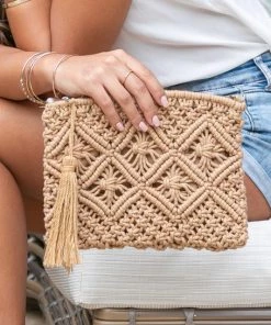 She She Boutique Macrame Woven Clutch - Khaki