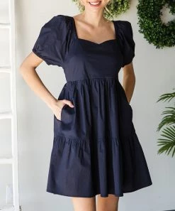 She She Boutique Puff Sleeve Dress - Navy