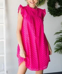 She She Boutique Eyelet Dress - Hot Pink NEW ARRIVALS