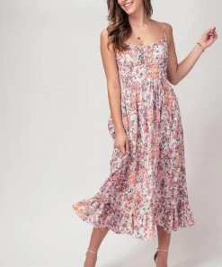 She She Boutique Floral Ruffle Midi Dress - Mauve