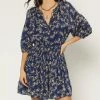 She She Boutique CLOTHING Floral Split Neck Dress - Navy