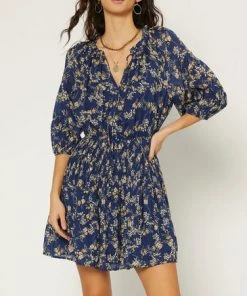 She She Boutique CLOTHING Floral Split Neck Dress - Navy