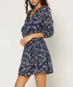 She She Boutique CLOTHING Floral Split Neck Dress - Navy