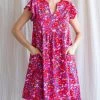 She She Boutique Floral Open Fold Neck Dress - Hot Pink