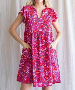 She She Boutique Floral Open Fold Neck Dress - Hot Pink
