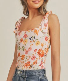 She She Boutique CLOTHING Tie Strap Bodysuit - Blush Floral