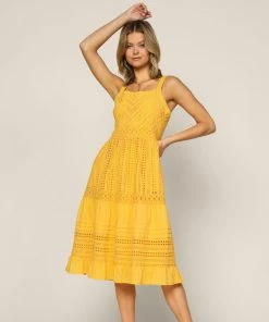 She She Boutique Eyelet Midi Dress - Yellow CLOTHING