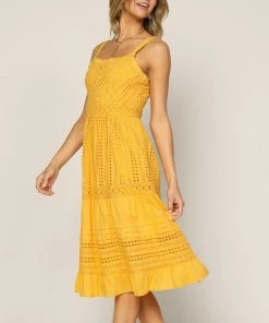 She She Boutique Eyelet Midi Dress - Yellow CLOTHING
