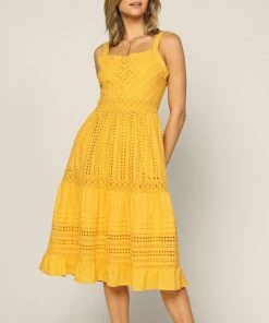 She She Boutique Eyelet Midi Dress - Yellow CLOTHING