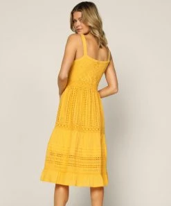 She She Boutique Eyelet Midi Dress - Yellow CLOTHING