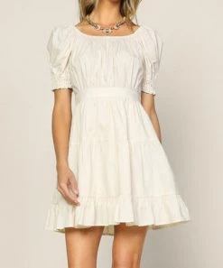 She She Boutique Puff Sleeve Dress - Cream CLOTHING