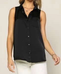 She She Boutique Satin Sleeveless Top - Black CLOTHING