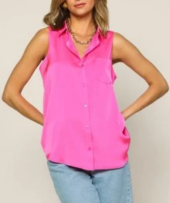 She She Boutique CLOTHING Satin Sleeveless Top - Hot Fuchsia