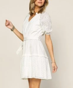 She She Boutique Eyelet Dress With Waist Tie - White CLOTHING