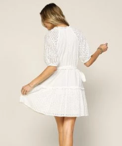 She She Boutique Eyelet Dress With Waist Tie - White CLOTHING