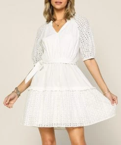 She She Boutique Eyelet Dress With Waist Tie - White CLOTHING