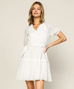 She She Boutique Eyelet Dress With Waist Tie - White CLOTHING