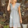 She She Boutique Smocked Swiss Dot Dress - Slate Blue