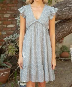 She She Boutique Smocked Swiss Dot Dress - Slate Blue