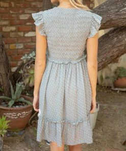 She She Boutique Smocked Swiss Dot Dress - Slate Blue