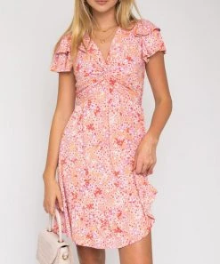 She She Boutique Short Sleeve Floral Dress - Coral/Lavender CLOTHING
