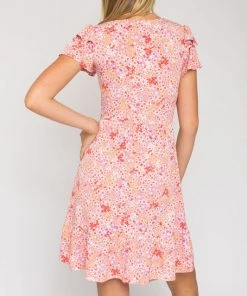 She She Boutique Short Sleeve Floral Dress - Coral/Lavender CLOTHING