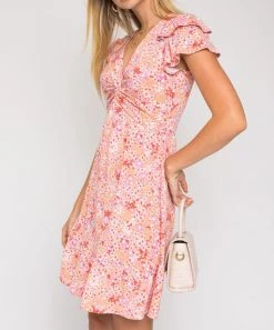 She She Boutique Short Sleeve Floral Dress - Coral/Lavender CLOTHING