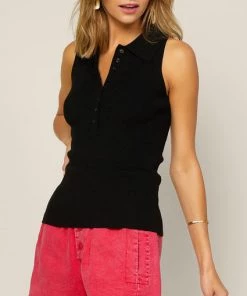 She She Boutique Sleeveless Button Down Knit Tank Top - Black