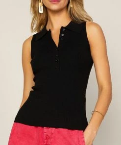 She She Boutique Sleeveless Button Down Knit Tank Top - Black
