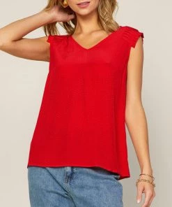 She She Boutique Short Pleated Sleeve Top - Red, White OR Black