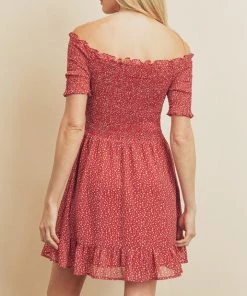 She She Boutique CLOTHING Floral Off The Shoulder Dress - Red Combo