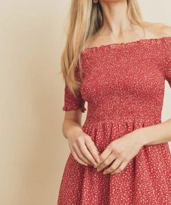 She She Boutique CLOTHING Floral Off The Shoulder Dress - Red Combo