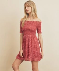 She She Boutique CLOTHING Floral Off The Shoulder Dress - Red Combo