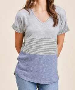 She She Boutique CLOTHING Color Block Top - Light Grey/Olive