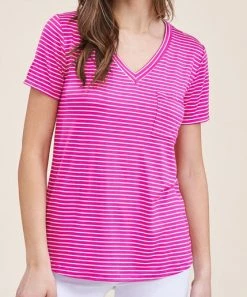 She She Boutique V-Neck Stripe Shirt - Fuchsia