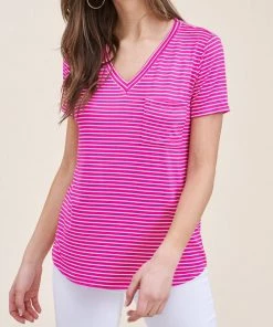 She She Boutique V-Neck Stripe Shirt - Fuchsia