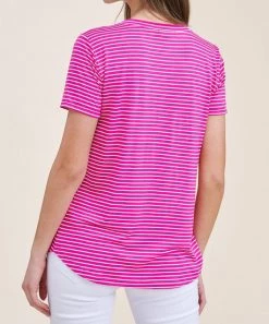 She She Boutique V-Neck Stripe Shirt - Fuchsia