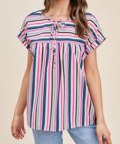She She Boutique Multi Stripe Top - Pink/Green
