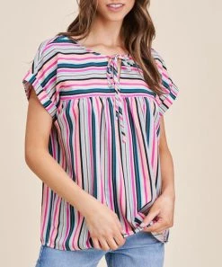 She She Boutique Multi Stripe Top - Pink/Green