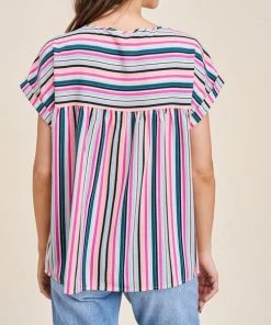She She Boutique Multi Stripe Top - Pink/Green