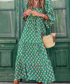 She She Boutique CLOTHING Floral Maxi Dress - Green/Rose