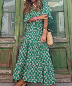 She She Boutique CLOTHING Floral Maxi Dress - Green/Rose