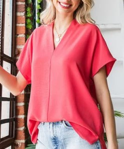 She She Boutique CLOTHING V-Neck Top - Hot Pink