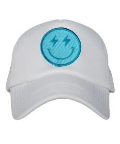 She She Boutique ACCESSORIES Lightning Smiley Face Trucker Hat - White/Turquoise