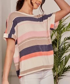 She She Boutique Color Block Stripe Top - Navy/Pink