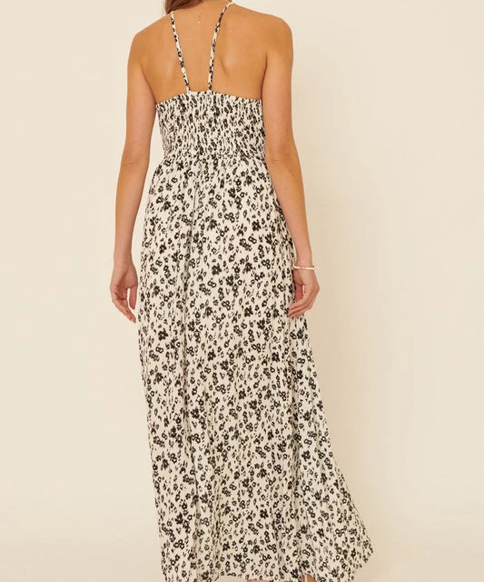 She She Boutique CLOTHING Floral Ruched Maxi Dress - Cream/Black 6 She She Boutique CLOTHING Floral Ruched Maxi Dress - Cream/Black