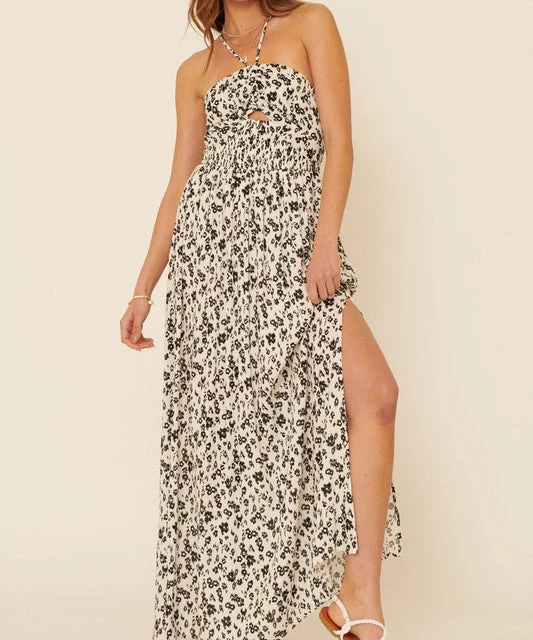 She She Boutique CLOTHING Floral Ruched Maxi Dress - Cream/Black 3 She She Boutique CLOTHING Floral Ruched Maxi Dress - Cream/Black