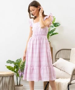 She She Boutique Plaid Ruffle Sleeve Dress - Blue OR Dusty Pink