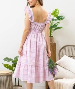 She She Boutique Plaid Ruffle Sleeve Dress - Blue OR Dusty Pink